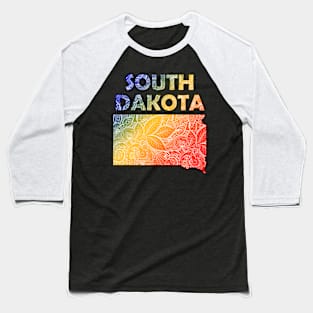 Colorful mandala art map of South Dakota with text in blue, yellow, and red Baseball T-Shirt